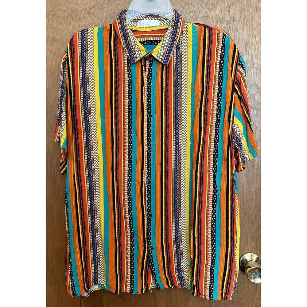 NENDU MENS 2XL Colorful Striped Button‎ Down Short Sleeve Shirt